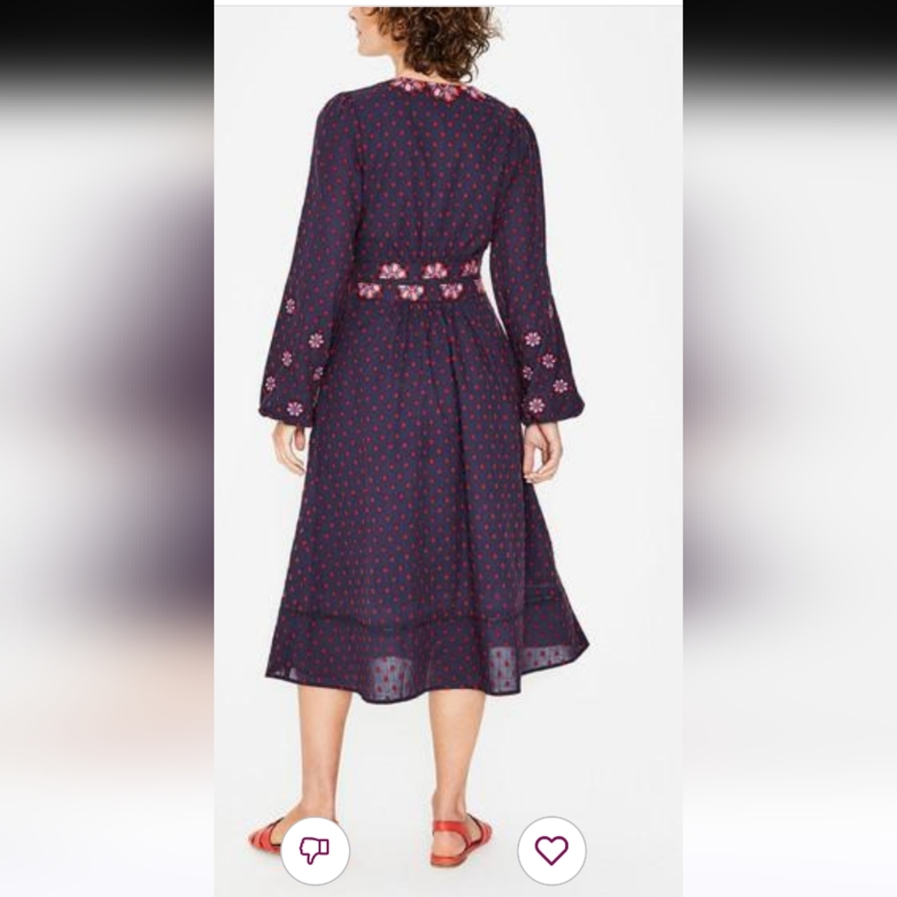 Boden Long Sleeve V-Neck Embroidered Midi Dress